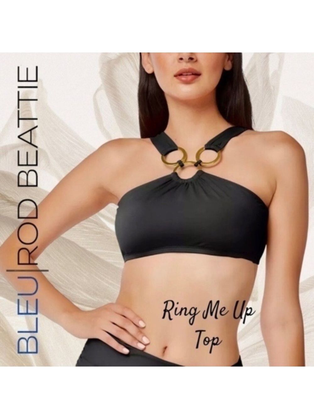 BLEU BY ROD BEATTIE Ring Me Up Halter Style 3-Gold-Ring Accent Bikini TOP NWT